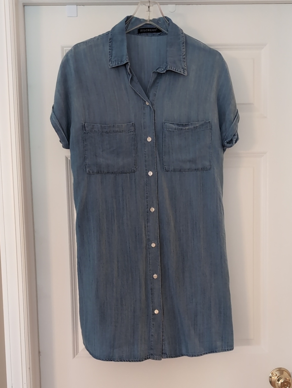 Chambray Button-Up Shirt Dress in Faded Blue